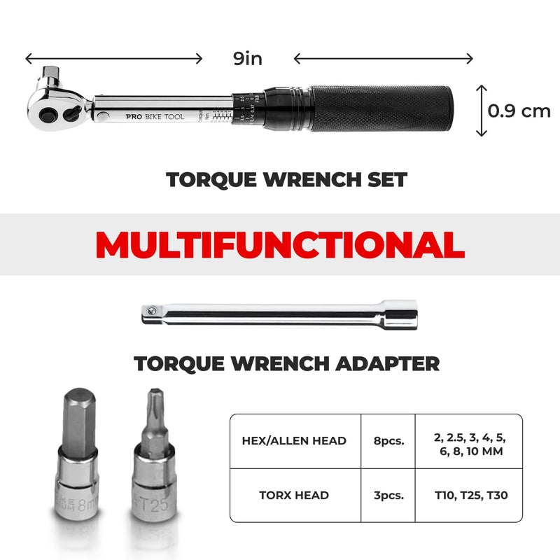 PRO BIKE TOOL Adjustable Torque Wrench Set - High-Precision 1/4 Wrench with 2-20 Nm Range - Complete Bike Tool Kit with Hex, Torx Bits, and Case for Easy Storage - Image 3